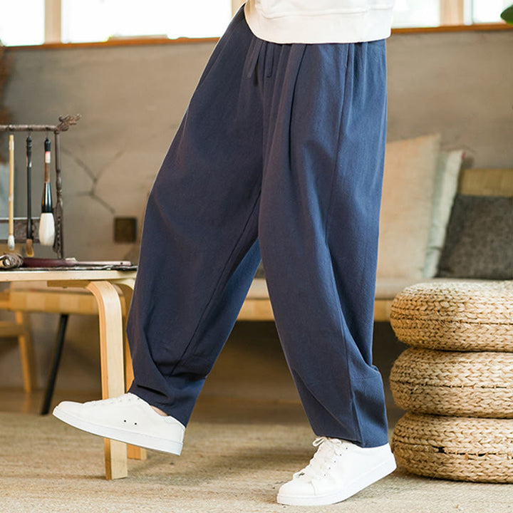 Buddha Stones無地コットンリネン ドローストリング メンズ ハーレムパンツ ポケット付き - image 2
