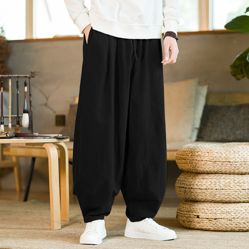 Buddha Stones無地コットンリネン ドローストリング メンズ ハーレムパンツ ポケット付き - 黒 - US/UK/AU46、 EU56 (5XL) - image 11