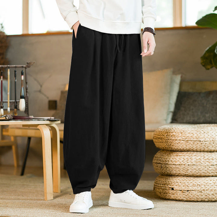 Buddha Stones無地コットンリネン ドローストリング メンズ ハーレムパンツ ポケット付き - 黒 - US/UK/AU46、 EU56 (5XL) - image 11