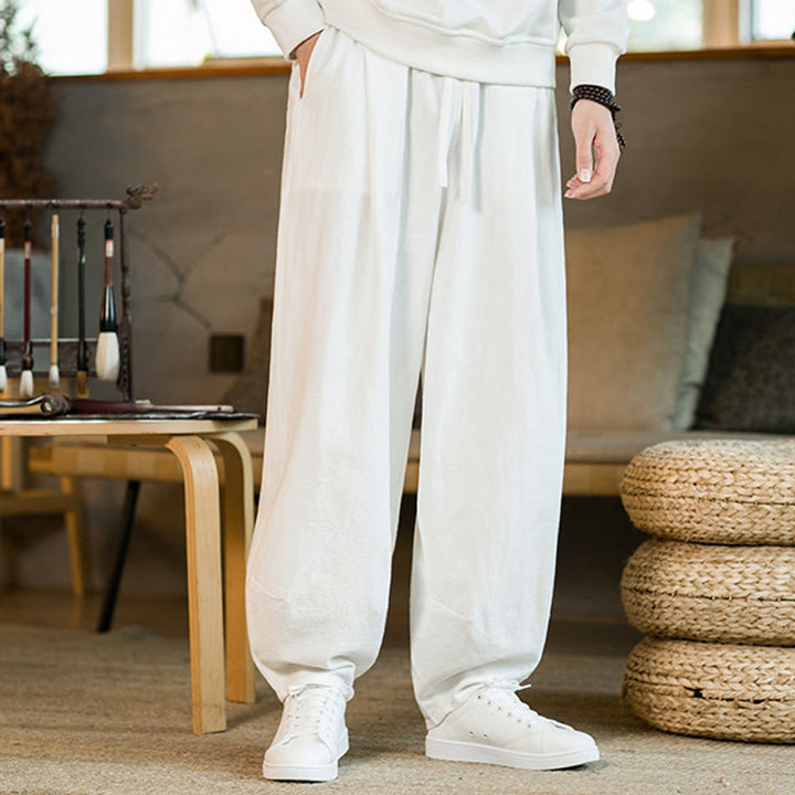 Buddha Stones無地コットンリネン ドローストリング メンズ ハーレムパンツ ポケット付き - 白 - US/UK/AU46、 EU56 (5XL) - image 17