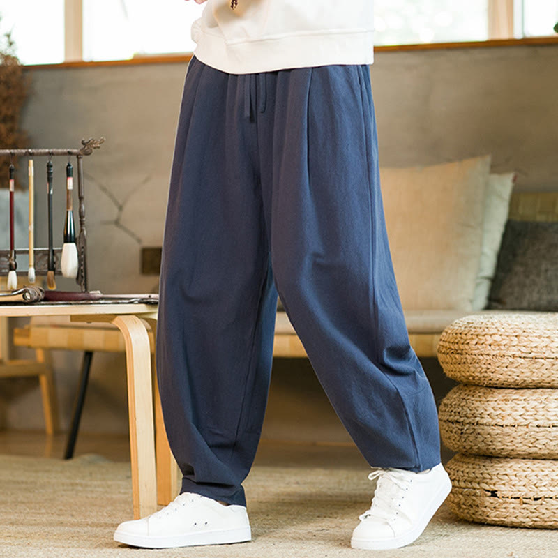 Buddha Stones無地コットンリネン ドローストリング メンズ ハーレムパンツ ポケット付き - image 3