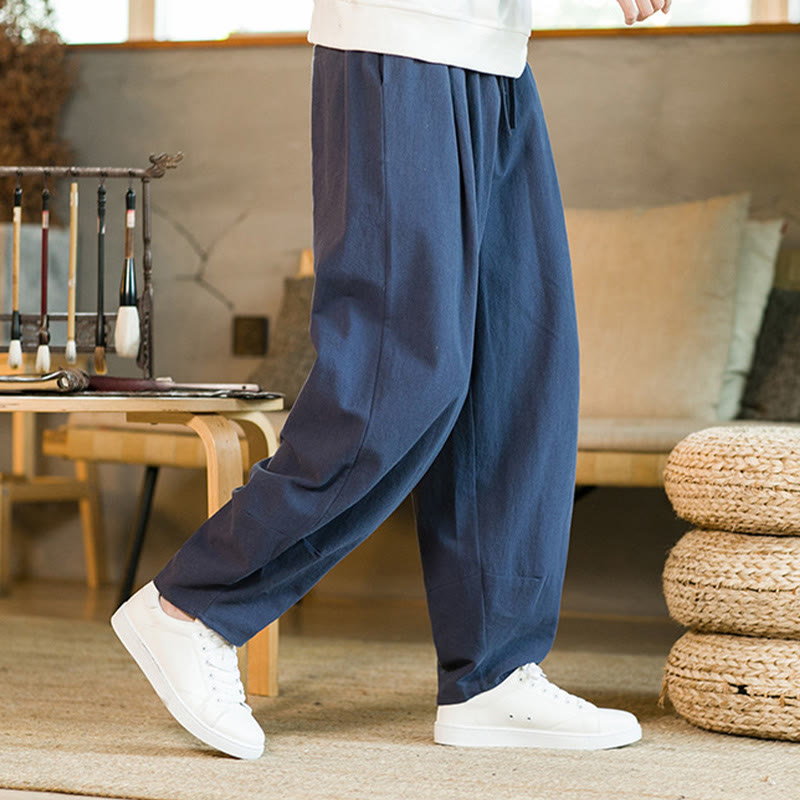 Buddha Stones無地コットンリネン ドローストリング メンズ ハーレムパンツ ポケット付き - image 1