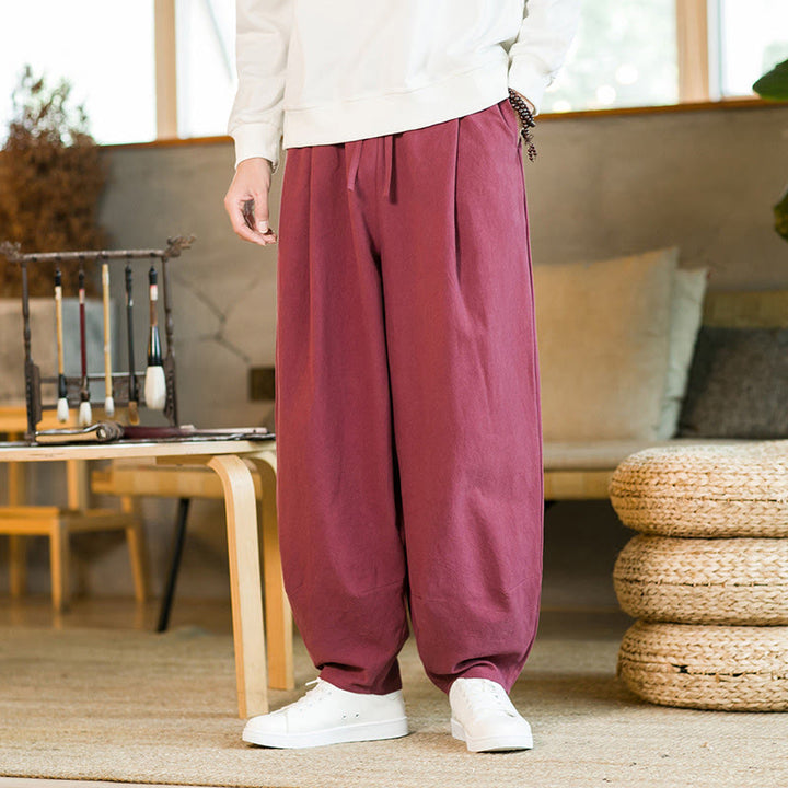 Buddha Stones無地コットンリネン ドローストリング メンズ ハーレムパンツ ポケット付き - image 7
