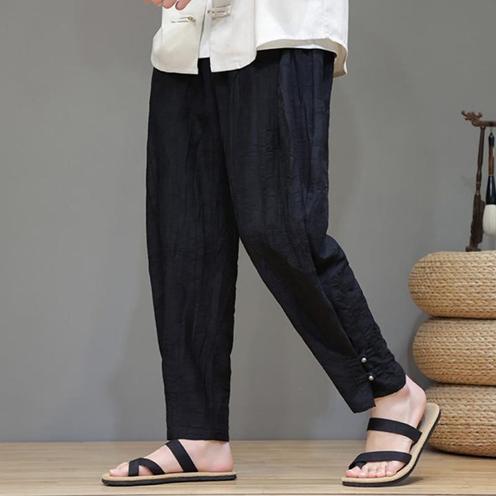 Buddha Stones竹 アンクル フロッグボタン ドローストリング メンズ パンツ ポケット付き