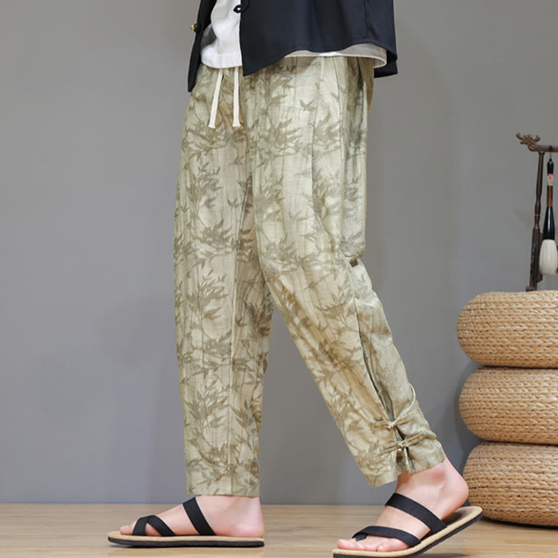 Buddha Stones竹 アンクル フロッグボタン ドローストリング メンズ パンツ ポケット付き - カーキ - US/UK/AU46、 EU56 (5XL) - image 0