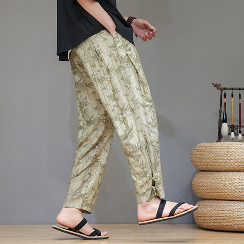 Buddha Stones竹 アンクル フロッグボタン ドローストリング メンズ パンツ ポケット付き