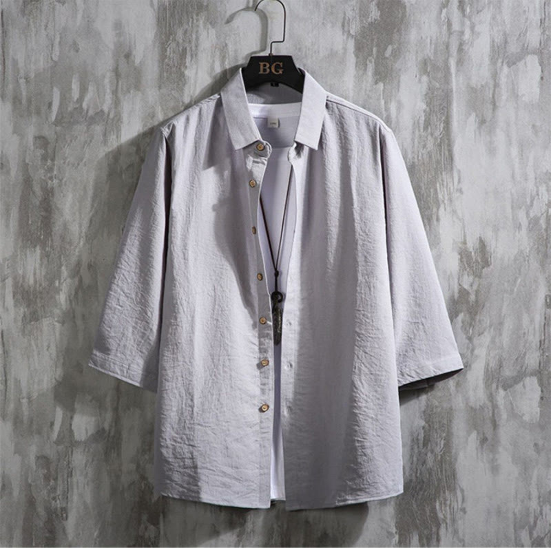 Buddha Stonesカジュアル 無地 フロントボタン 七分袖 メンズシャツ - グレー - US/UK/AU50、 EU60 (7XL) - image 14