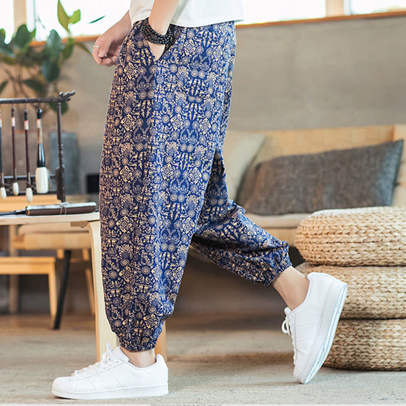 Buddha Stonesゴールデンマンダラ柄 コットンリネン ドローストリング メンズ ハーレムパンツ ポケット付き - image 1