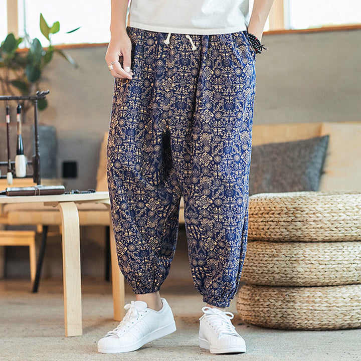 Buddha Stonesゴールデンマンダラ柄 コットンリネン ドローストリング メンズ ハーレムパンツ ポケット付き - image 6