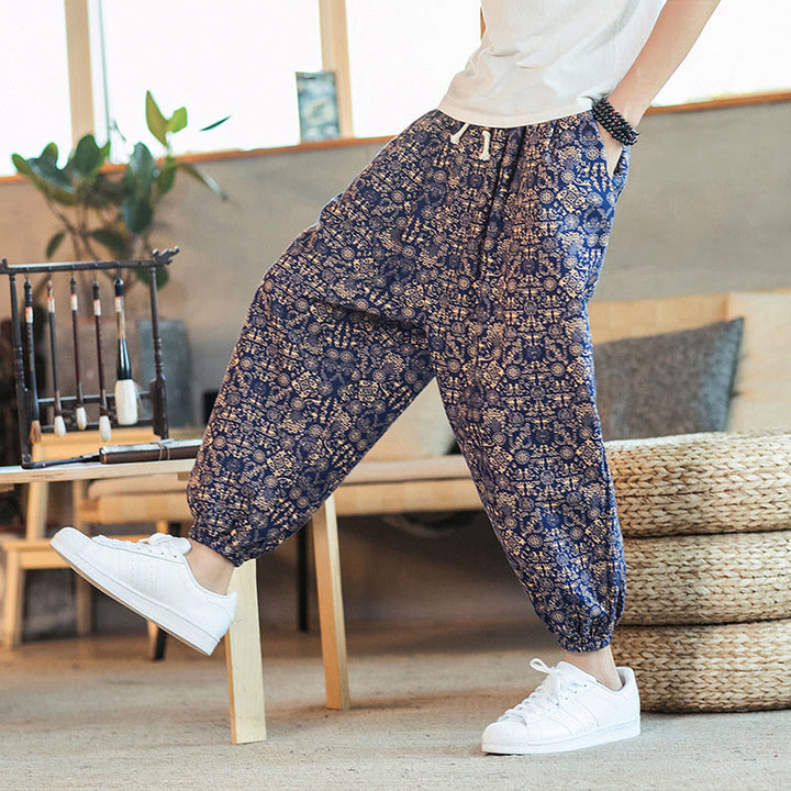 Buddha Stonesゴールデンマンダラ柄 コットンリネン ドローストリング メンズ ハーレムパンツ ポケット付き - image 3
