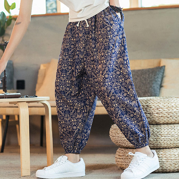 Buddha Stonesゴールデンマンダラ柄 コットンリネン ドローストリング メンズ ハーレムパンツ ポケット付き - image 2