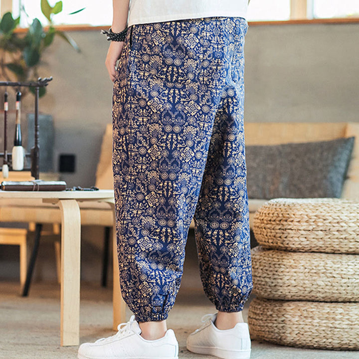 Buddha Stonesゴールデンマンダラ柄 コットンリネン ドローストリング メンズ ハーレムパンツ ポケット付き - image 4