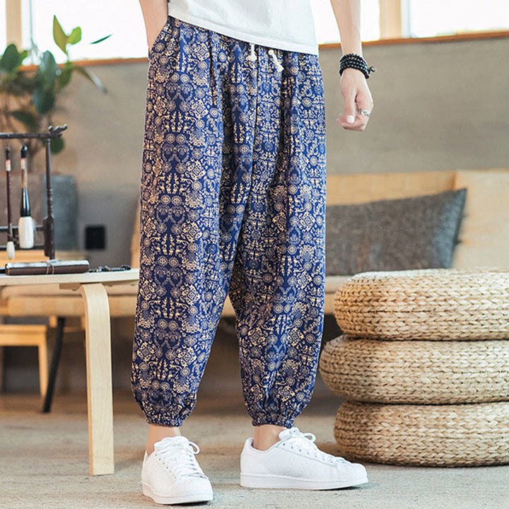 Buddha Stonesゴールデンマンダラ柄 コットンリネン ドローストリング メンズ ハーレムパンツ ポケット付き - image 7