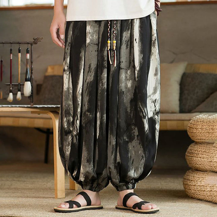 Buddha Stonesブラック ホワイト インク グラデーション コットン リネン 編み込み ドローストリング メンズ ハーレムパンツ ポケット付き - image 2