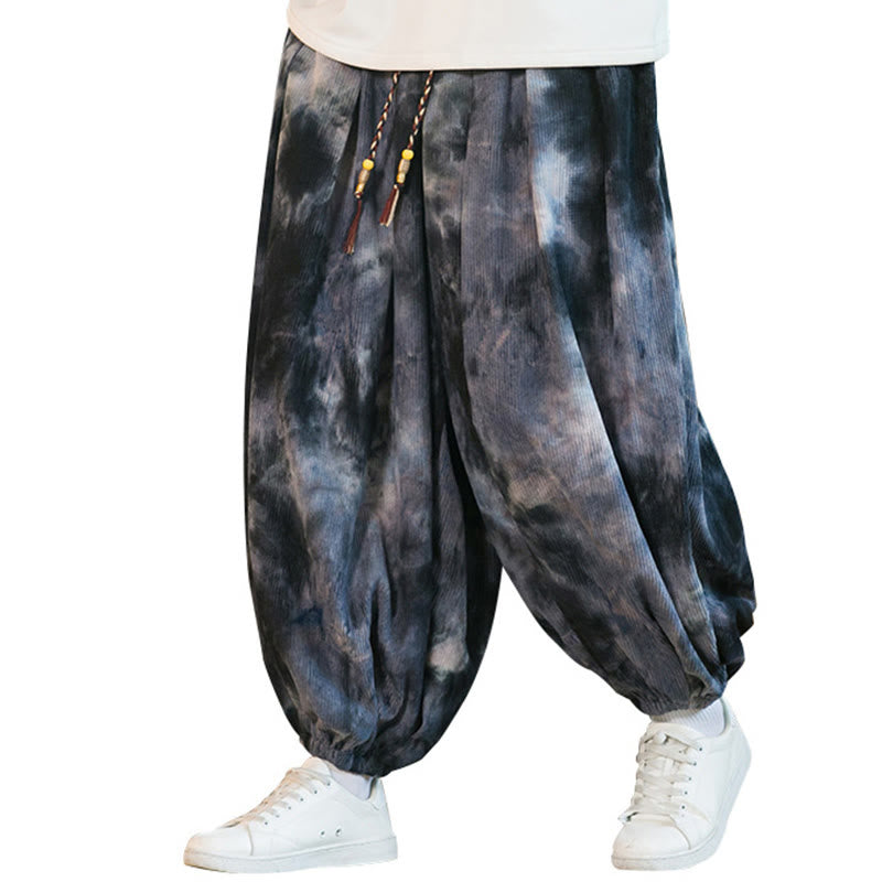 Buddha Stonesインク タイダイ編み ドローストリング コーデュロイ コットン メンズ ハーレムパンツ ポケット付き