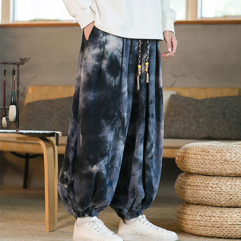 Buddha Stonesインク タイダイ編み ドローストリング コーデュロイ コットン メンズ ハーレムパンツ ポケット付き