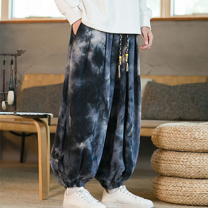 Buddha Stonesインク タイダイ編み ドローストリング コーデュロイ コットン メンズ ハーレムパンツ ポケット付き