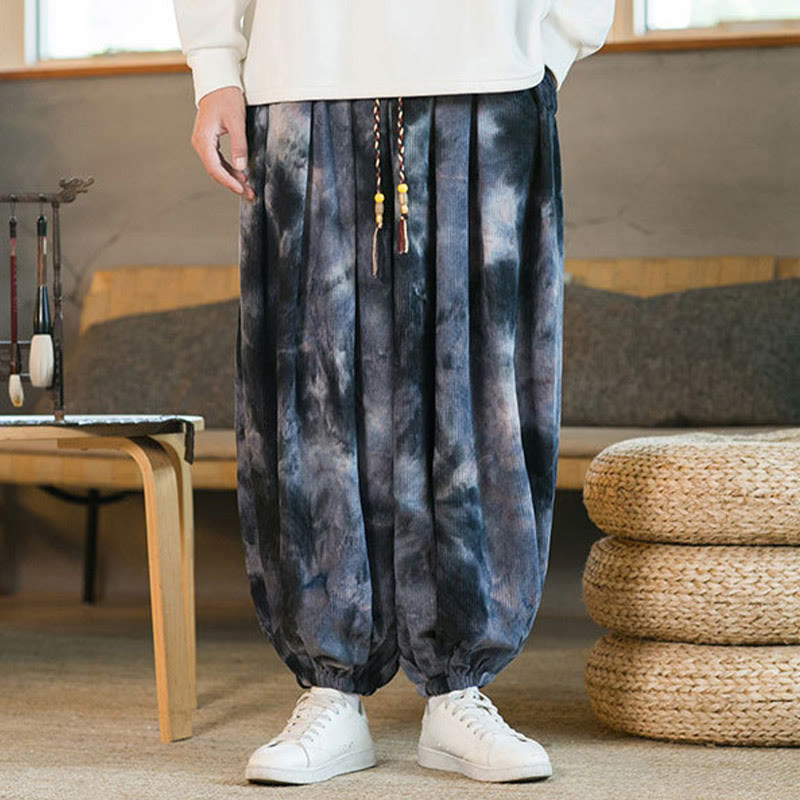 Buddha Stonesインク タイダイ編み ドローストリング コーデュロイ コットン メンズ ハーレムパンツ ポケット付き