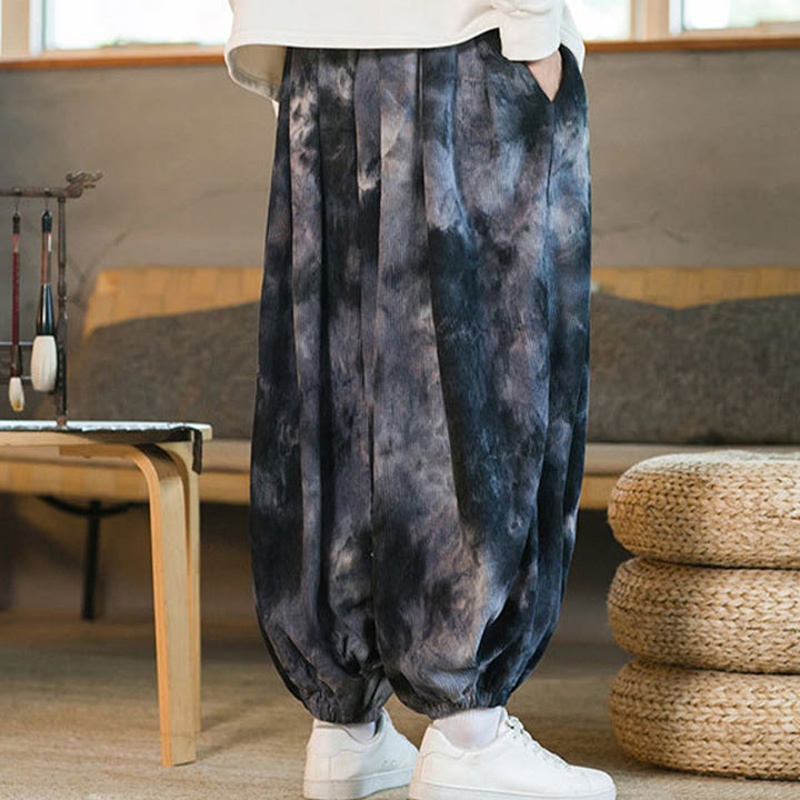 Buddha Stonesインク タイダイ編み ドローストリング コーデュロイ コットン メンズ ハーレムパンツ ポケット付き