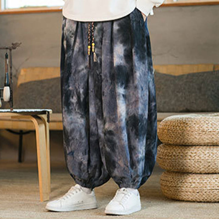 Buddha Stonesインク タイダイ編み ドローストリング コーデュロイ コットン メンズ ハーレムパンツ ポケット付き