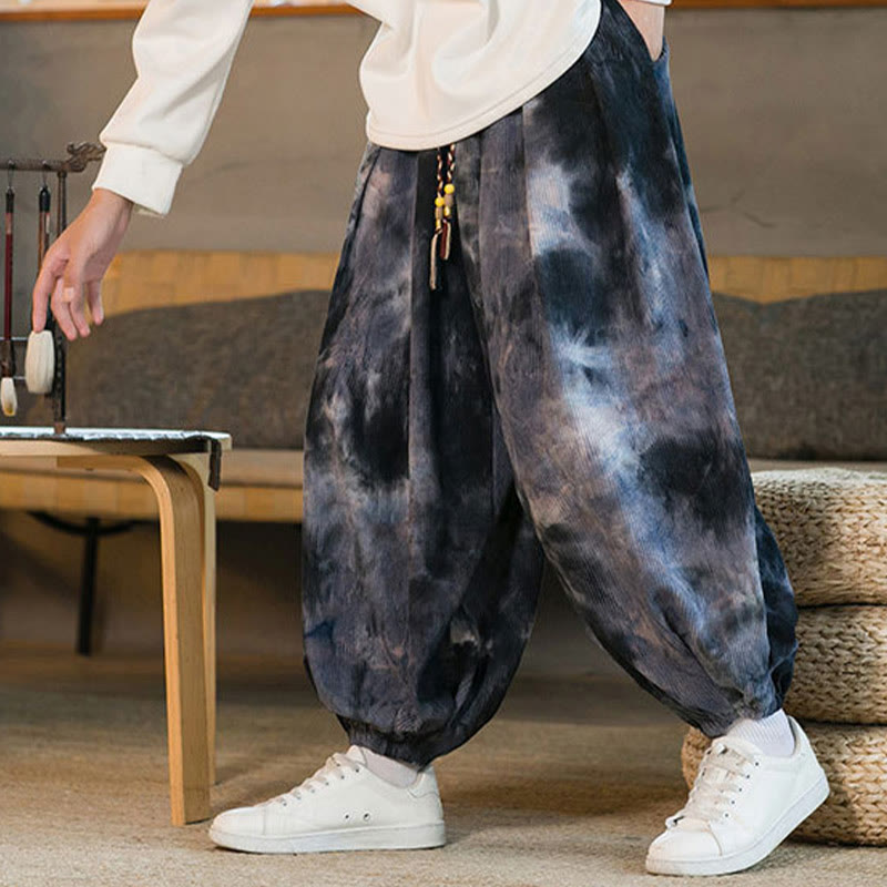 Buddha Stonesインク タイダイ編み ドローストリング コーデュロイ コットン メンズ ハーレムパンツ ポケット付き