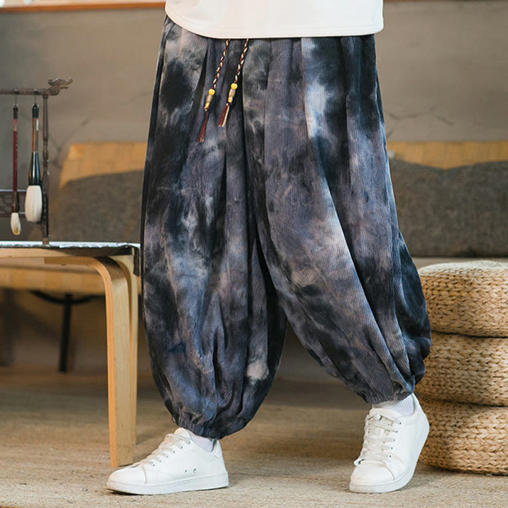 Buddha Stonesインク タイダイ編み ドローストリング コーデュロイ コットン メンズ ハーレムパンツ ポケット付き