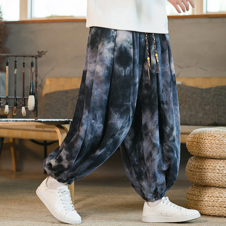 Buddha Stonesインク タイダイ編み ドローストリング コーデュロイ コットン メンズ ハーレムパンツ ポケット付き