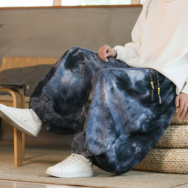 Buddha Stonesインク タイダイ編み ドローストリング コーデュロイ コットン メンズ ハーレムパンツ ポケット付き