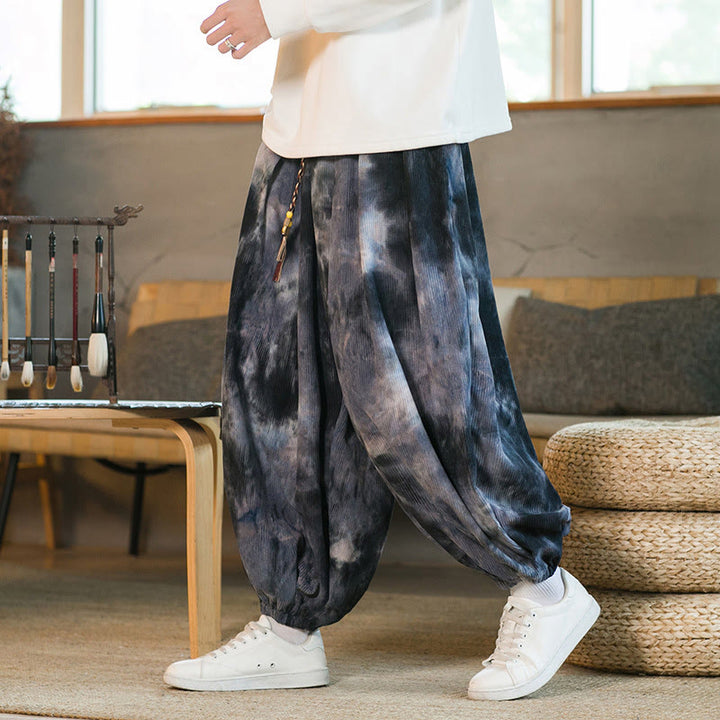 Buddha Stonesインク タイダイ編み ドローストリング コーデュロイ コットン メンズ ハーレムパンツ ポケット付き