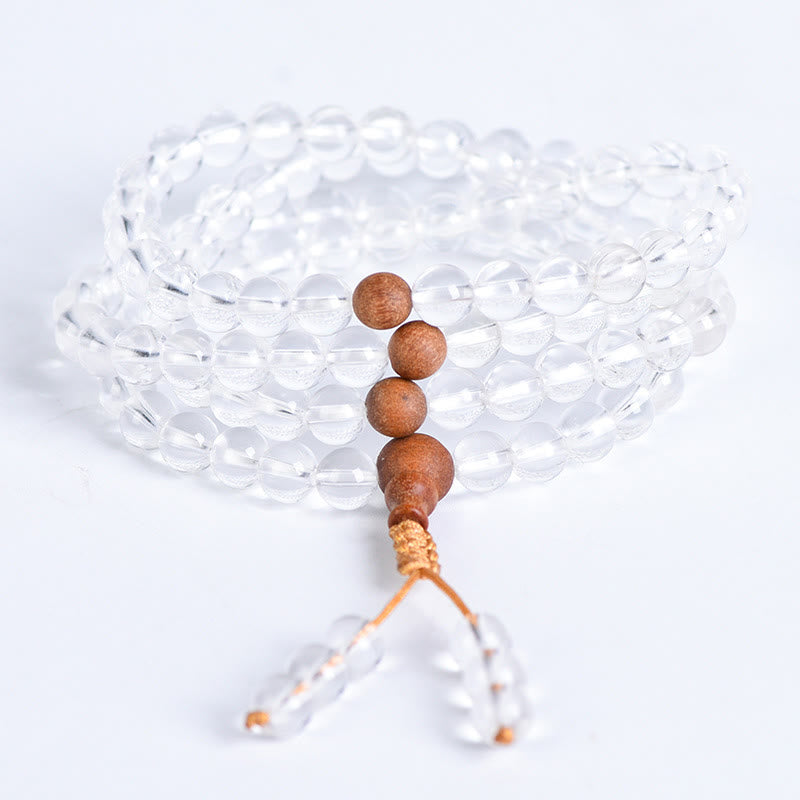 Buddha Stones 108Malaビーズ 天然石 ホワイトクリスタル サンダルウッド ヒーリングブレスレット