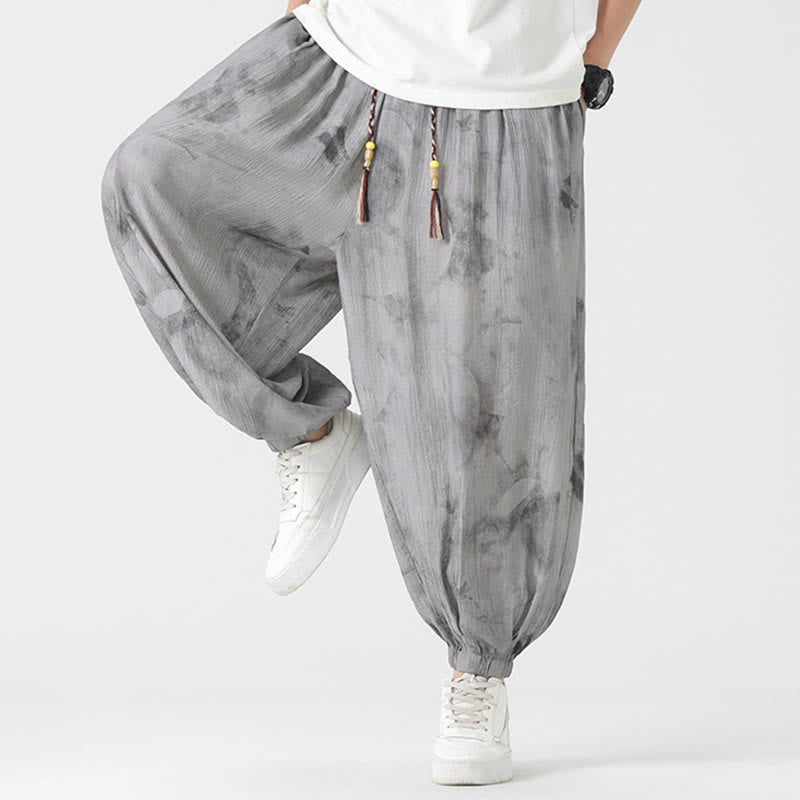 Buddha Stonesの花のスケッチ編み込みドローストリングリネンメンズパンツ（ポケット付き） - image 7