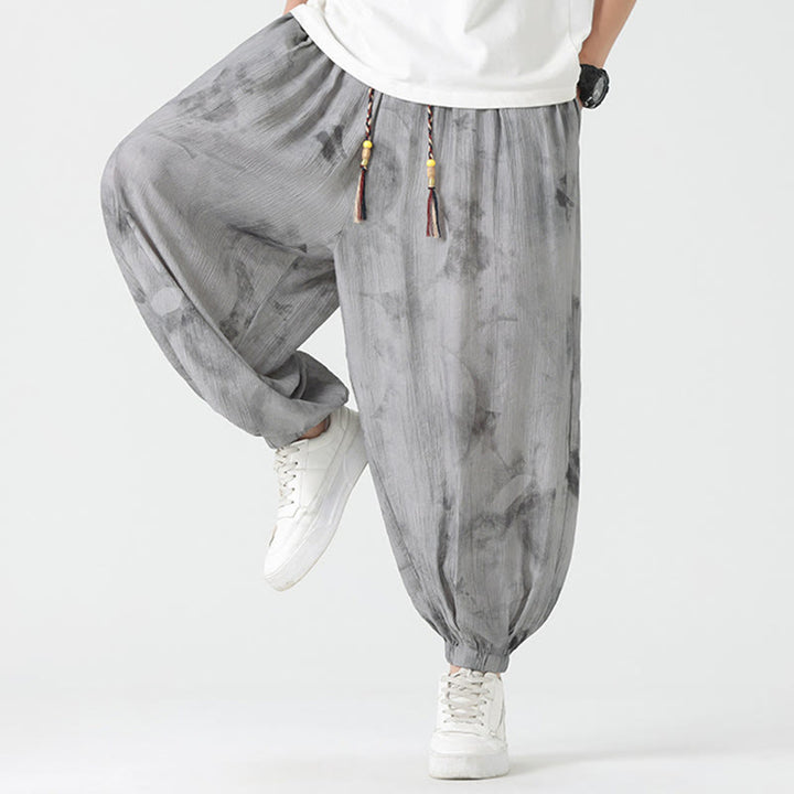 Buddha Stonesの花のスケッチ編み込みドローストリングリネンメンズパンツ（ポケット付き） - image 7