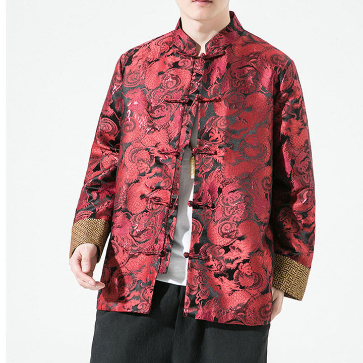 Buddha Stones中国龍 カエルボタン 唐装 コットン メンズ ジャケット シャツ  - クリムゾン - US/UK/AU46、 EU56 (5XL) - image 11