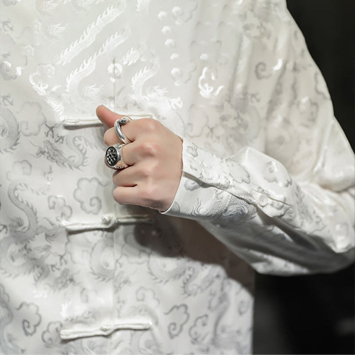 Buddha Stonesカジュアルドラゴン柄カエルボタン唐装リネンメンズジャケットシャツ - image 20