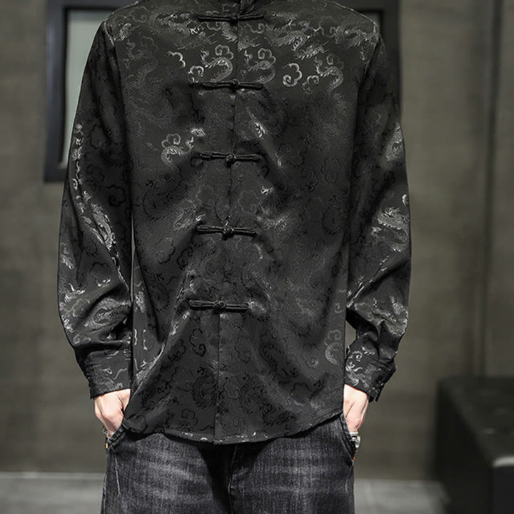 Buddha Stonesカジュアルドラゴン柄カエルボタン唐装リネンメンズジャケットシャツ - image 36