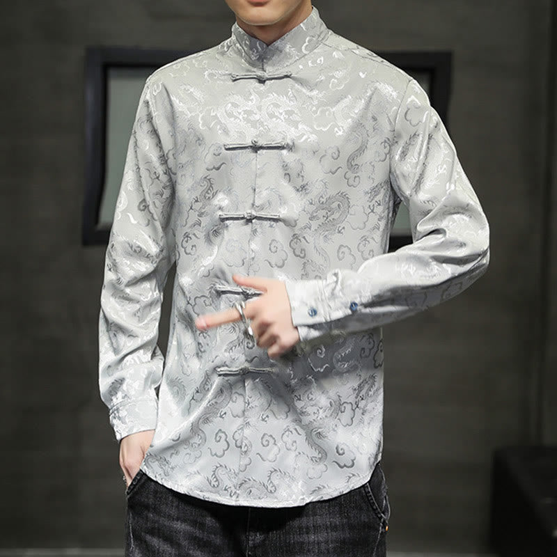 Buddha Stonesカジュアルドラゴン柄カエルボタン唐装リネンメンズジャケットシャツ - image 25