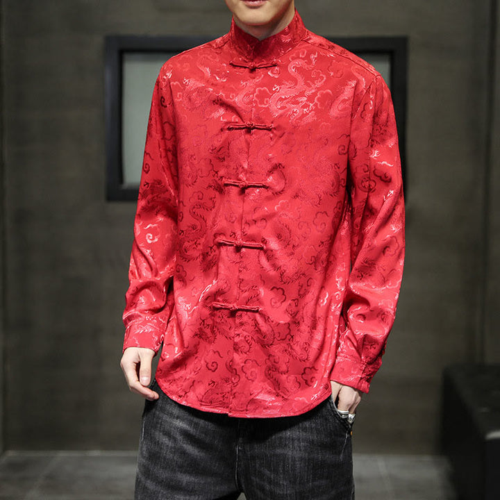 Buddha Stonesカジュアルドラゴン柄カエルボタン唐装リネンメンズジャケットシャツ - image 49
