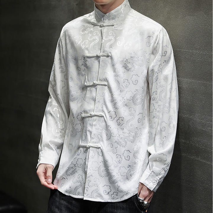 Buddha Stonesカジュアルドラゴン柄カエルボタン唐装リネンメンズジャケットシャツ - image 12