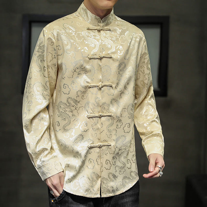 Buddha Stonesカジュアルドラゴン柄カエルボタン唐装リネンメンズジャケットシャツ - image 44