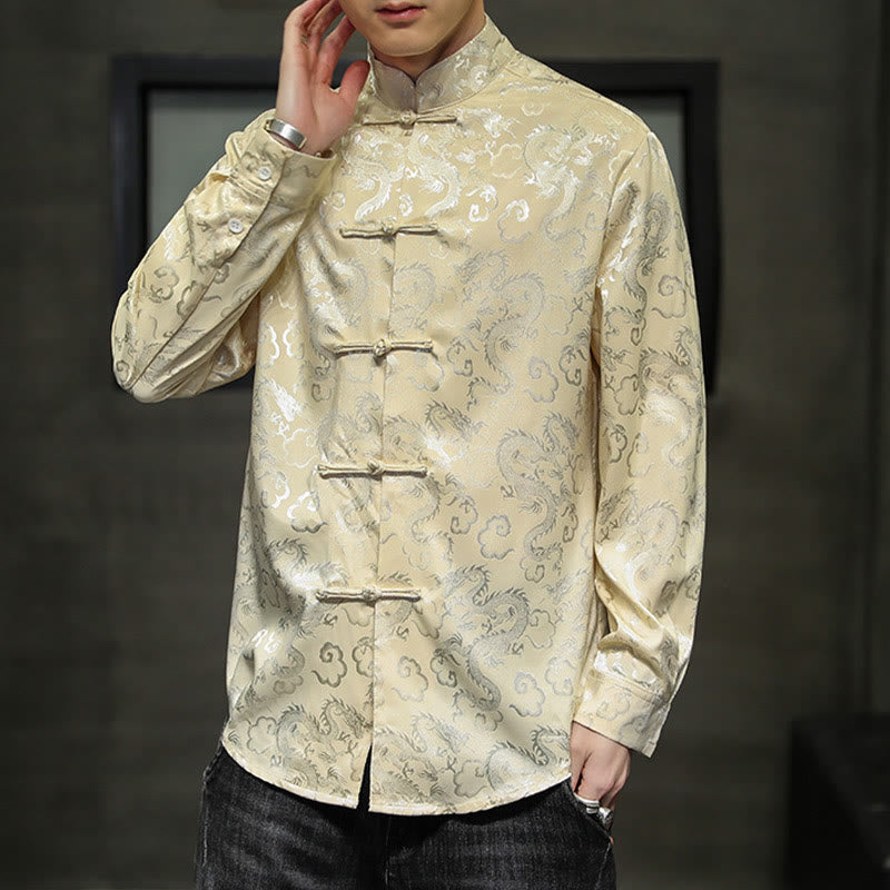 Buddha Stonesカジュアルドラゴン柄カエルボタン唐装リネンメンズジャケットシャツ - image 41