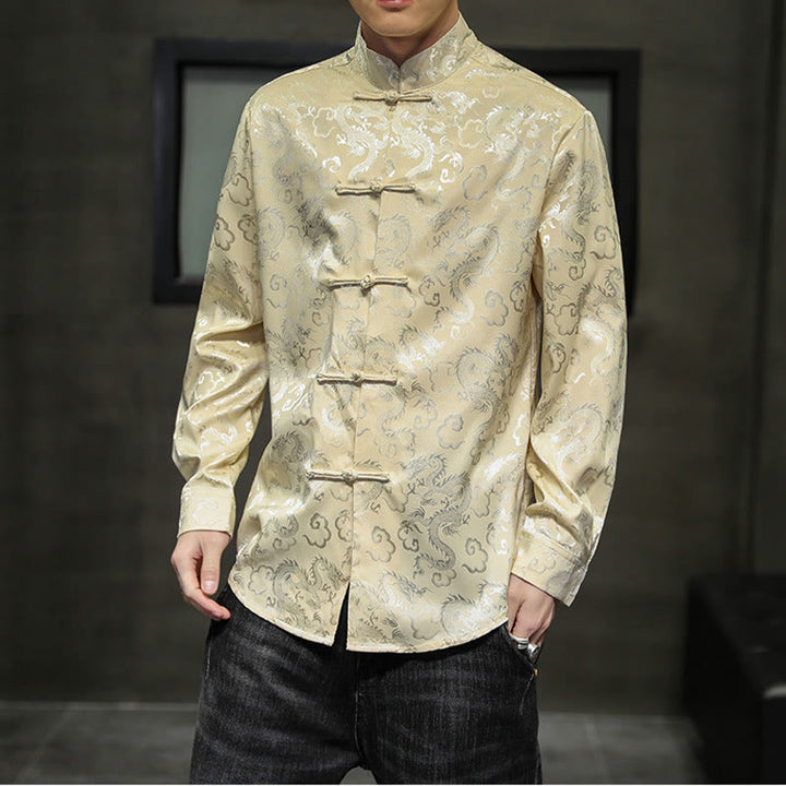 Buddha Stonesカジュアルドラゴン柄カエルボタン唐装リネンメンズジャケットシャツ - カーキ - US/UK/AU46、 EU56 (5XL) - image 38