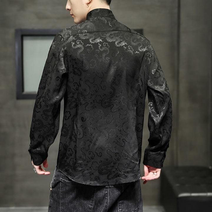 Buddha Stonesカジュアルドラゴン柄カエルボタン唐装リネンメンズジャケットシャツ - image 37