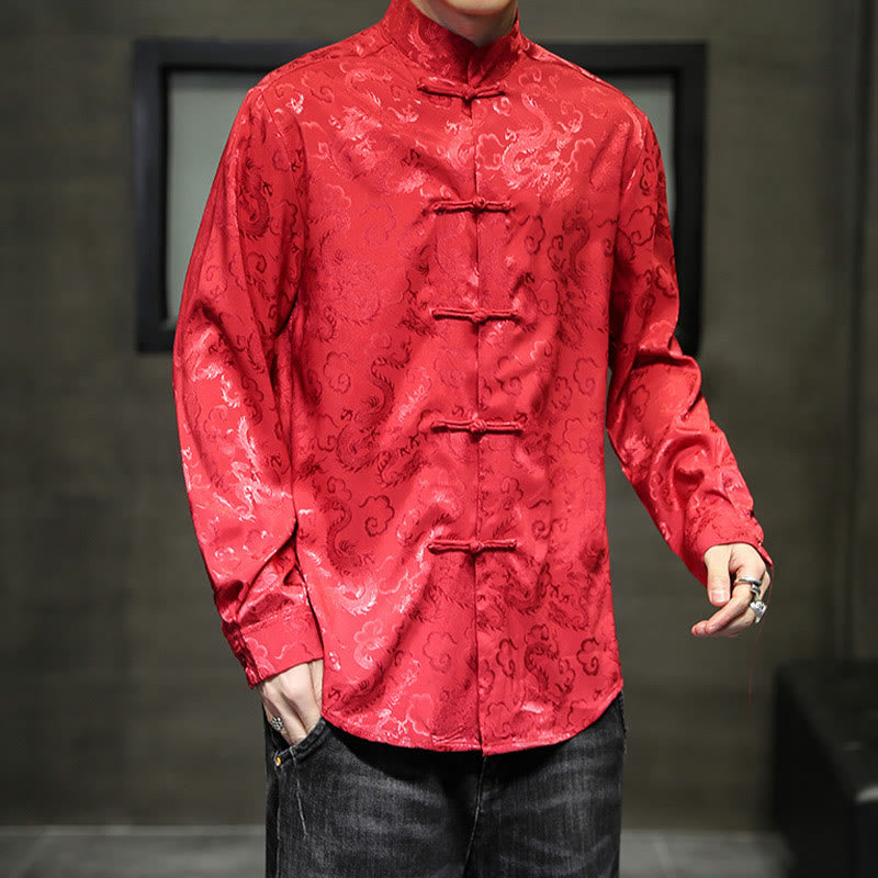 Buddha Stonesカジュアルドラゴン柄カエルボタン唐装リネンメンズジャケットシャツ - image 48
