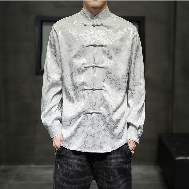 Buddha Stonesカジュアルドラゴン柄カエルボタン唐装リネンメンズジャケットシャツ - 銀 - US/UK/AU46、 EU56 (5XL) - image 22