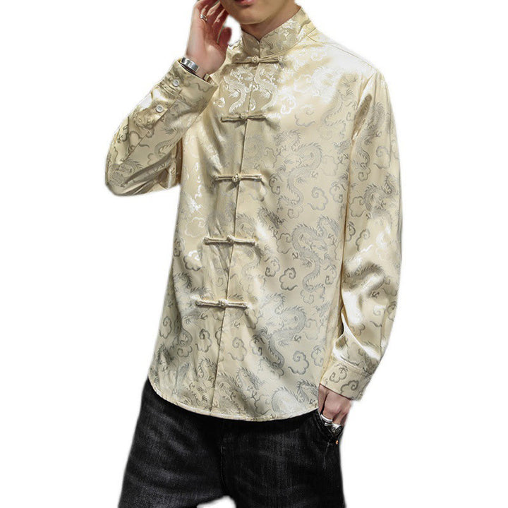 Buddha Stonesカジュアルドラゴン柄カエルボタン唐装リネンメンズジャケットシャツ - image 46