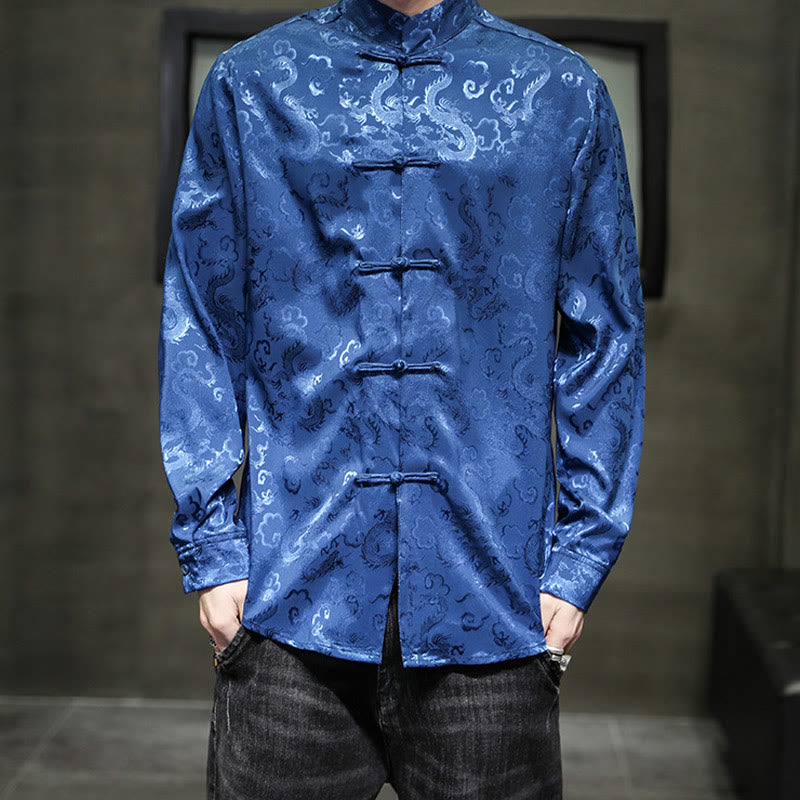 Buddha Stonesカジュアルドラゴン柄カエルボタン唐装リネンメンズジャケットシャツ - image 1