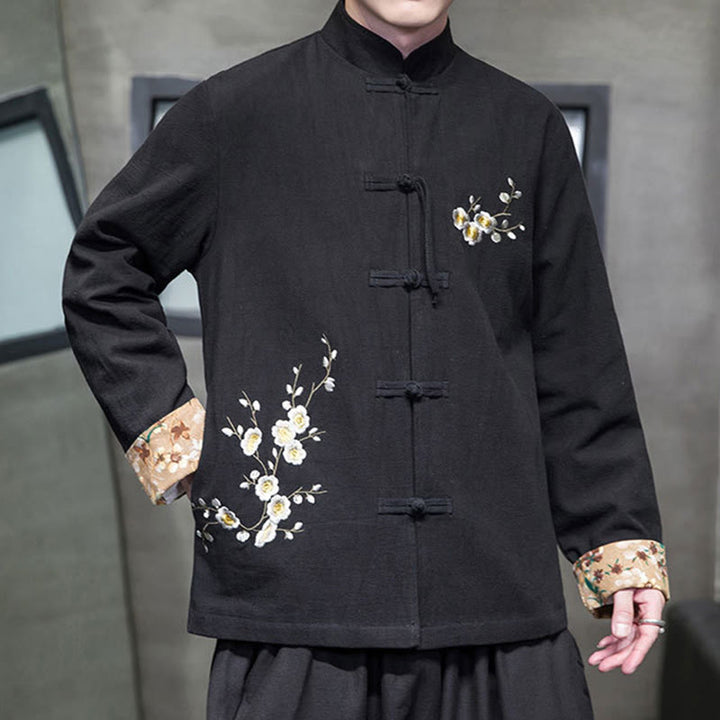 Buddha Stones梅の花 刺繍 カフス 花柄 カエルボタン 唐装 コットンリネン メンズ ジャケット シャツ - image 5
