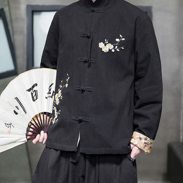 Buddha Stones梅の花 刺繍 カフス 花柄 カエルボタン 唐装 コットンリネン メンズ ジャケット シャツ - image 3