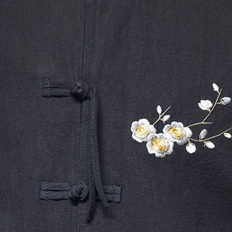 Buddha Stones梅の花 刺繍 カフス 花柄 カエルボタン 唐装 コットンリネン メンズ ジャケット シャツ
