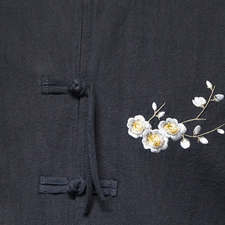 Buddha Stones梅の花 刺繍 カフス 花柄 カエルボタン 唐装 コットンリネン メンズ ジャケット シャツ